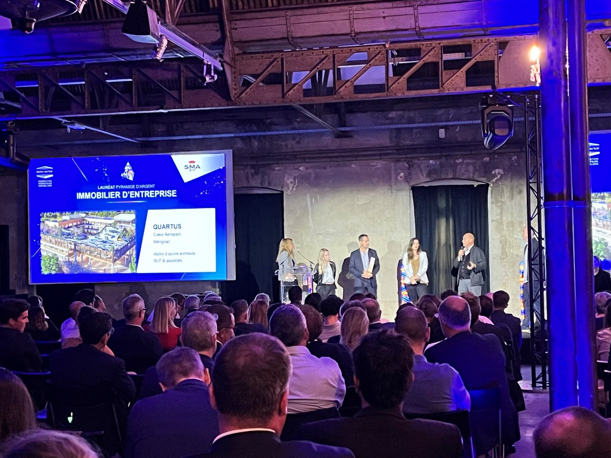 Troisième Pyramide d'Argent pour <a href="/QUARTUS/">QUARTUS</a> ! Cœur Aéroparc à Mérignac reçoit le "Prix de l'Immobilier d'Entreprise", décerné par la <a href="/FPI_NA/">FPI Nouvelle-Aquitaine</a> . Une opération conçue aux côtés de l'architecte Olivier Brochet, qui accueillera le futur Hôtel d'entreprises innovantes et de startups au