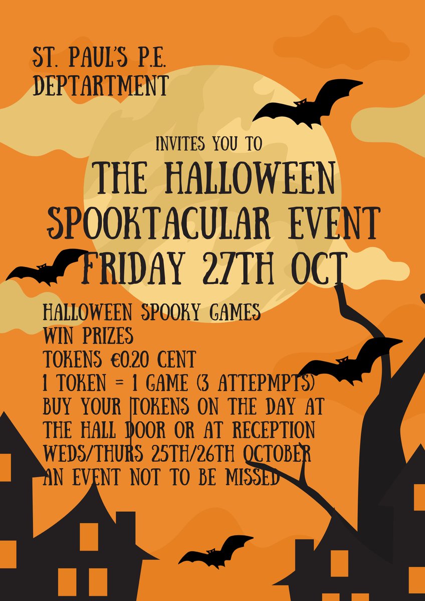 Our 2nd annual Halloween Spooktacular Event will take place this Friday in the Hall. Each token is €.020, the more tokens, the more games can be played, the more chances to win spooky prizes. 👻 🎃 🐀 also the collection of €2 at reception door for dress up. @stpaulsg