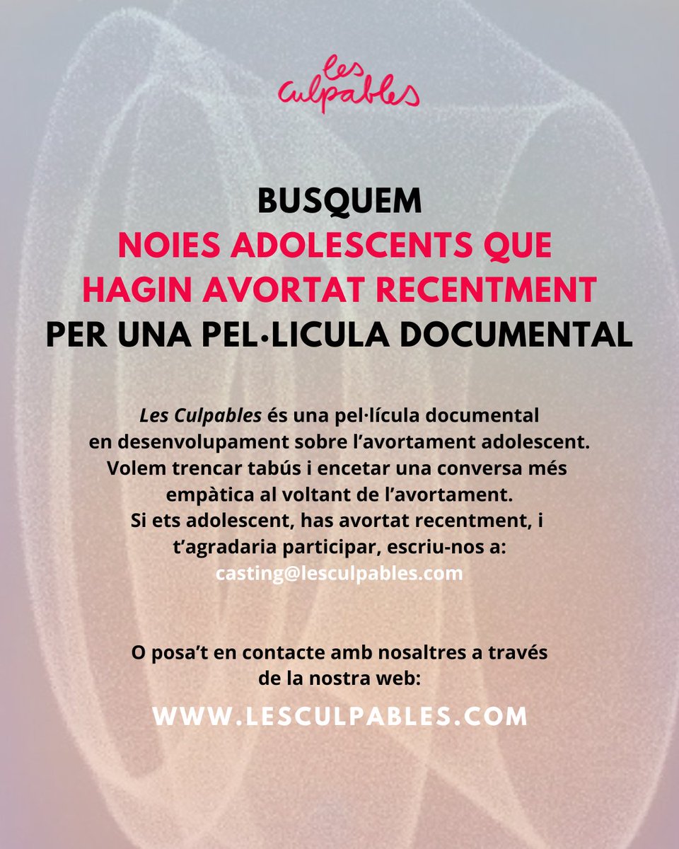 La crida de testimonis i la convocatòria de casting de #LesCulpables segueixen obertes 💌 ens ajudeu a compartir-ho?

@Filmin @FilminCAT @alumniUPF @catalanfilms @donesvisuals @centrejove @lassociaciodsr @icec_cat @Pro_Docs