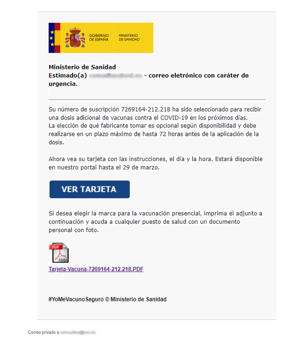 ⚠️#ALERTA ❗
Si recibes un email (#phishing) que suplanta al Ministerio de Sanidad. Informando de una dosis extra de la vacuna COVID-19 y ofrecen descargar un documento
#NoPiques el link descarga archivo que contiene fichero malicioso
<a href="/osiseguridad/">Oficina de Seguridad del Internauta</a> 
➕👇
osi.es/es/actualidad/…