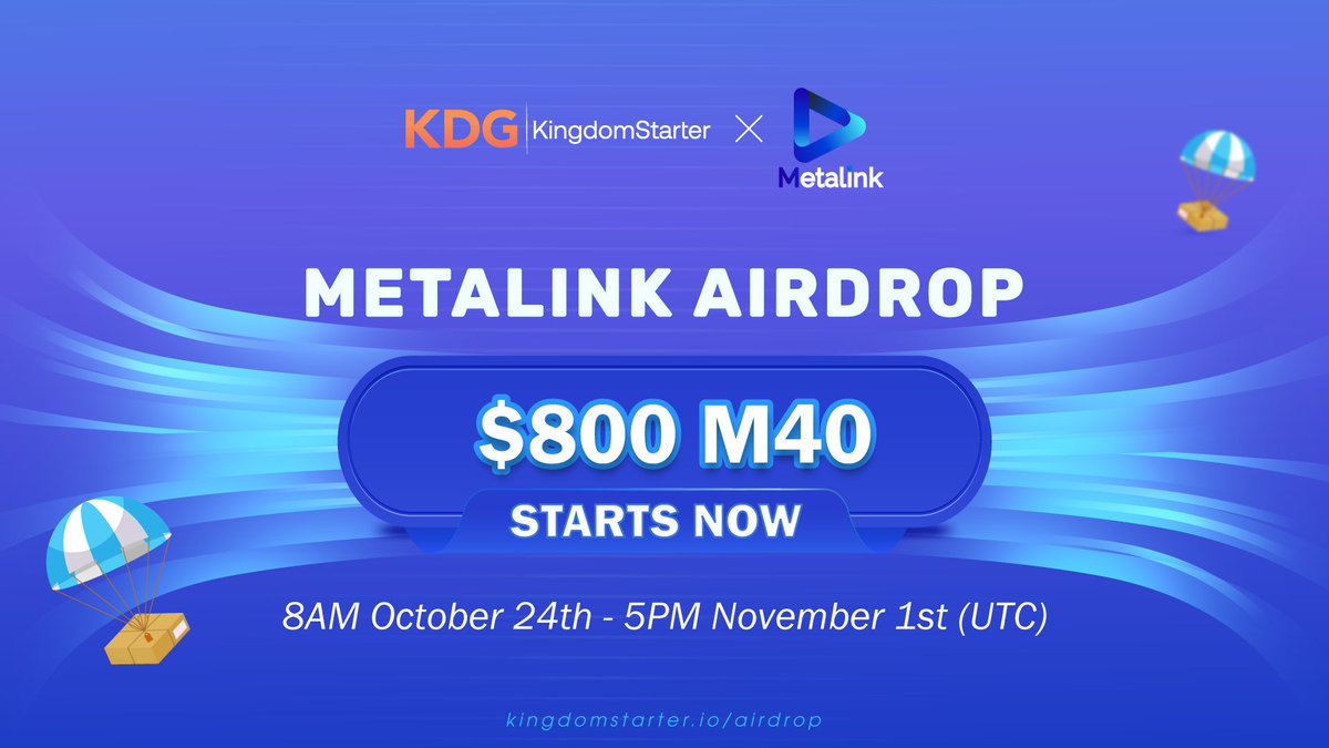 📣 #KDG x @Metalinkwallet #Gleam Airdrop 🍀🍀🍀

💎#Reward: $800 M40
️👉 Complete all the tasks : gleam.io/ufSCx/-kdg-x-m…
⏰Registration time: 8AM October 24th - 5PM November 1st (UTC)
⏳Distribution: Will send directly to winners's wallet within 7 days after $M40 listing event