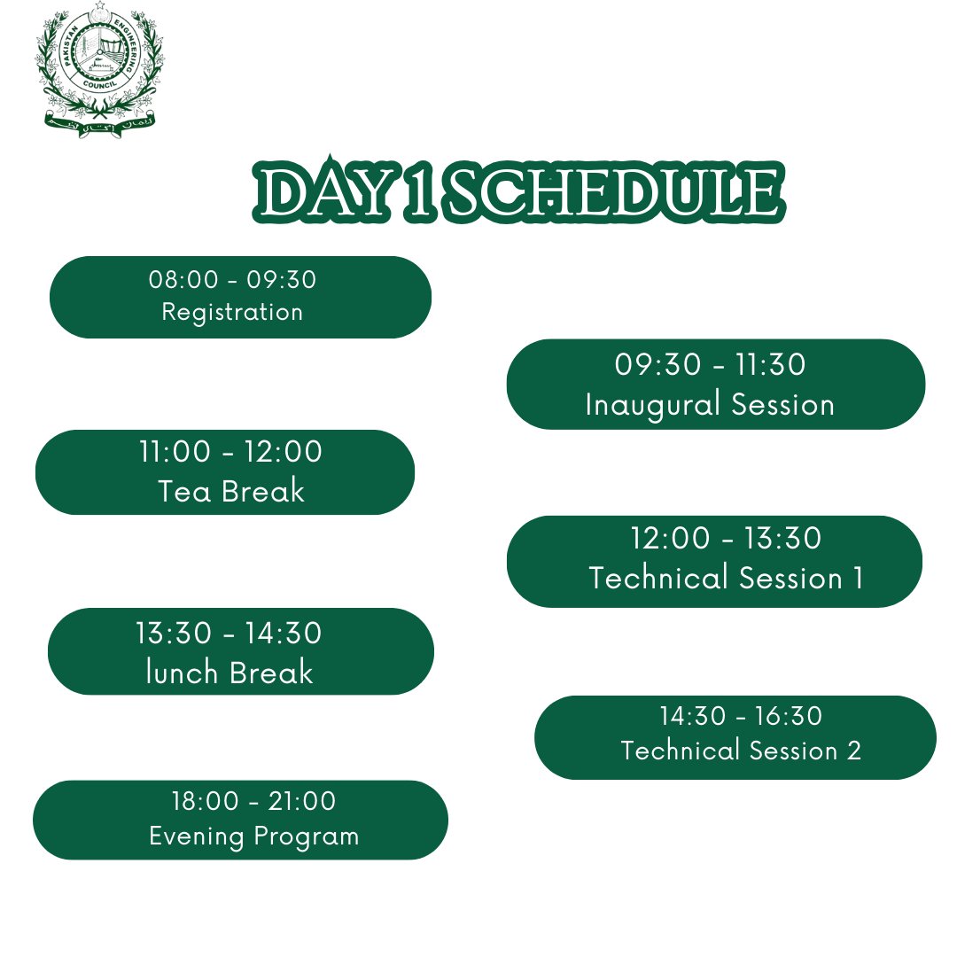 DeansConference's tweet photo. Day 1 Schedule!!
#pec #pakistanengineeringcouncil #deansconference #4thdeansconference #internationalconference #InternationalConference2023 #engineering #engineeringconference https://t.co/bgM5y4Mxdm