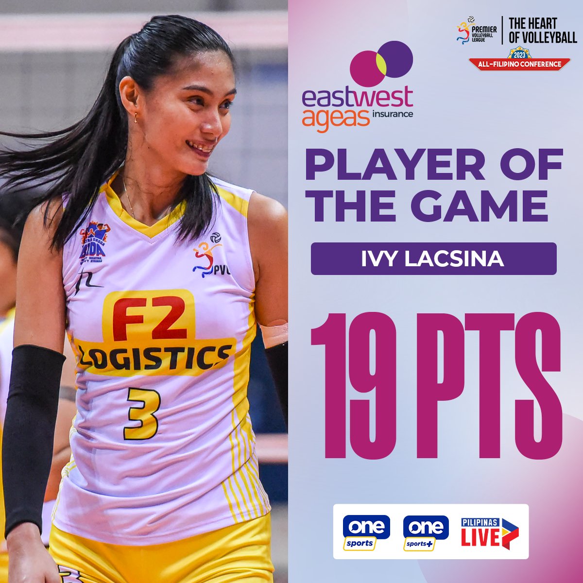 OneSportsPHL's tweet photo. IBYANG ‘YAN EH 💛

Ivy Lacsina pops off with another double-digit performance and gives the Cargo Movers their first win in the season-ending conference!

#PVLonOneSports #TheHeartOfVolleyball 
#PVL2023 #EastWestAgeas https://t.co/xhSFaBgTur