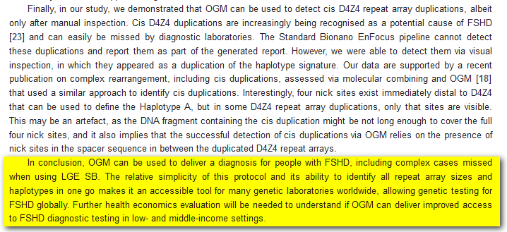 GregLarssen's tweet photo. $BNGO - Bionano

24-Oct-2023

Remember this one below ?   Well, Stephanie Efthymiou who obtained a grant in July to try OGM at University College Hospital, London, UK, is today one of a cohort of scientists from  Holland, India, Italy, and the UK,  who publish a paper titled :

"Optical Genome Mapping for the Molecular Diagnosis of Facioscapulohumeral Muscular Dystrophy: Advancement and Challenges"

where they compare OGM in the diagnosis of Facioscapulohumeral muscular dystrophy (FSHD), the second most common dystrophy in adults, compared to the current SOC traditional techniques of Linear Gel (LGE) and Pulsed-Field Gel Electrophoresis (PFGE).  The study was on patients in the UK and India.

The conclusion could not be more clear cut, positive, and definite :   OGM can be used to deliver a diagnosis for people with FSHD, including complex cases missed when using LGE SB.

Note, this is not the first time OGM is compared to SOC in FSHD - it has been done before and each time OGM is a clear winner.  Bionano Labs has an offical LDT for FSHD, and Medgenome in India uses it commercially for the diagnosis of FSHD in India.  But this is the scientific world and, as with all new technologies, individual countries, sometimes, individual medical centers, want to validate the technology for themselves, so will duplicate studies made elsewhere in the World.  Often, also, these studies are needed to justify the purchase of the new technology.

https://t.co/8yeXor8uSZ