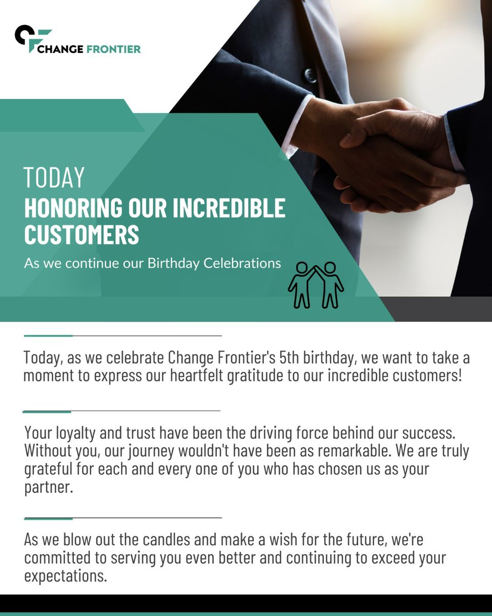 ChangeFrontier's tweet photo. Thank you for being an essential part of our success story!

Here's to another year of excellence, innovation, and growing together! 🍾🎉

#CompanyBirthday #CustomerAppreciation #Milestone #thankyou https://t.co/IkzqzN6uVd