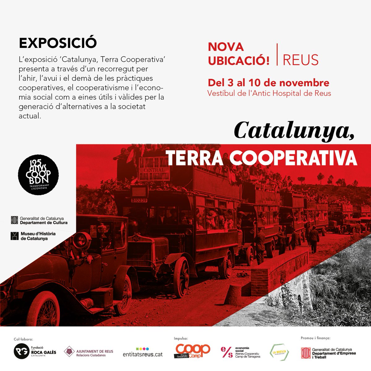 📢L'exposició "Catalunya, Terra Cooperativa", a #Reus !

Del 3 al 10 de novembre la podreu visitar al Vestíbul de l'Antic Hospital de Reus

😄 Us hi esperem!