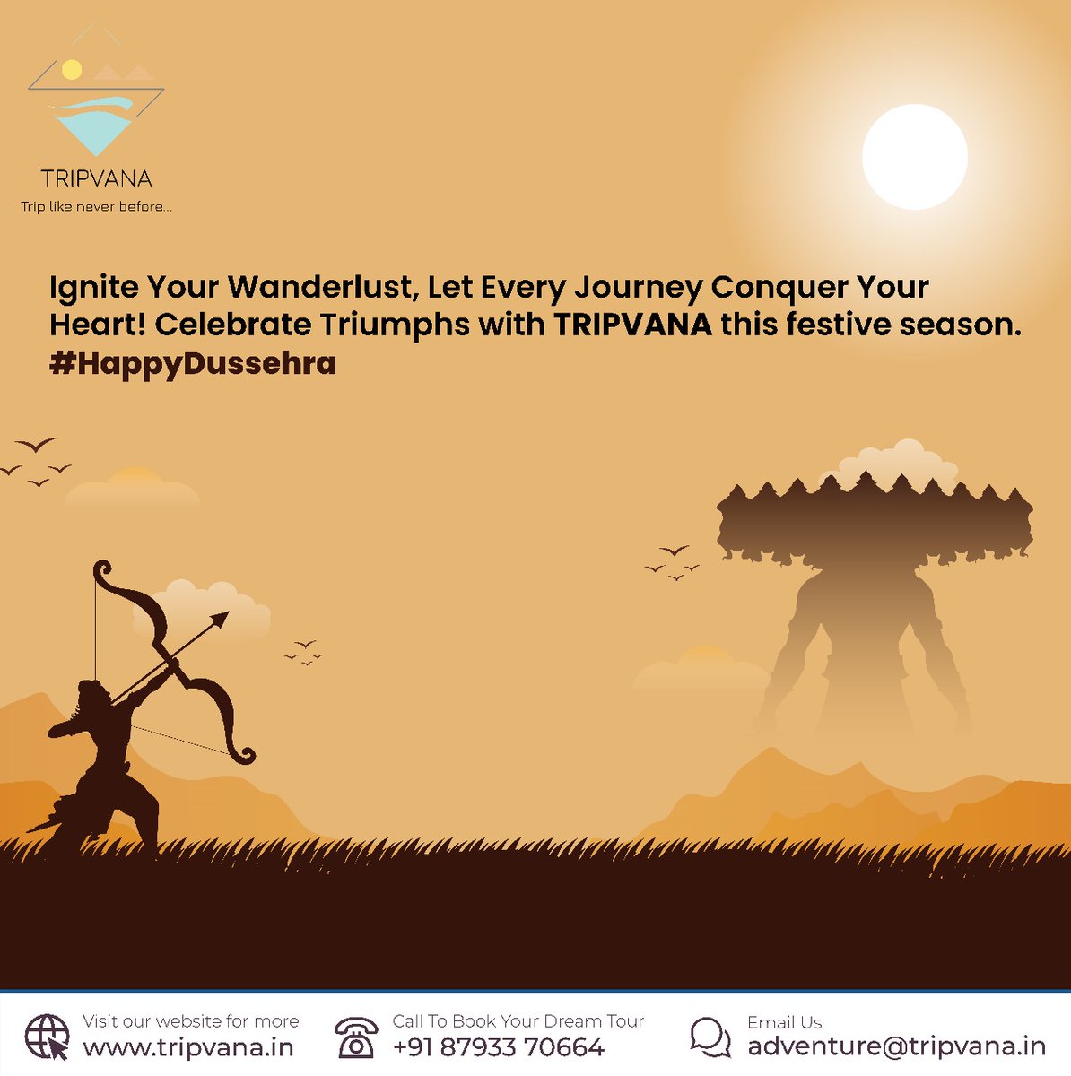 On this Auspicious Day, Embark on New Journeys with Tripvana and Celebrate Triumphs Around the World. 🌍
#dussehra #dussehra2023 #dussehrawishes #dussehraspecial #dussehrafestival #GoodOverEvil #explorepage #explore #tripplanner #tripplanning #tripplan #tourpackage #tourpackages