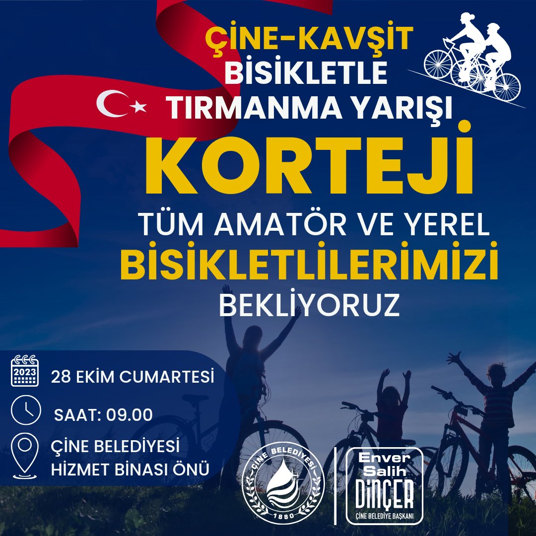 BelediyeCine's tweet photo. Haydi Çine bisikletini al gel 🚴🚴‍♀️

Cumhuriyetimizin 100’üncü yılına özel 28 Ekim Cumartesi günü düzenleyeceğimiz Çine-Kavşit Bisikletle Tırmanma Yarışı öncesinde belediye hizmet binamız önünden başlayarak Şehler Düğün Salonu önüne kadar Bisikletle Kortej Yürüyüşü yapılacak. https://t.co/FtPco3xcUk