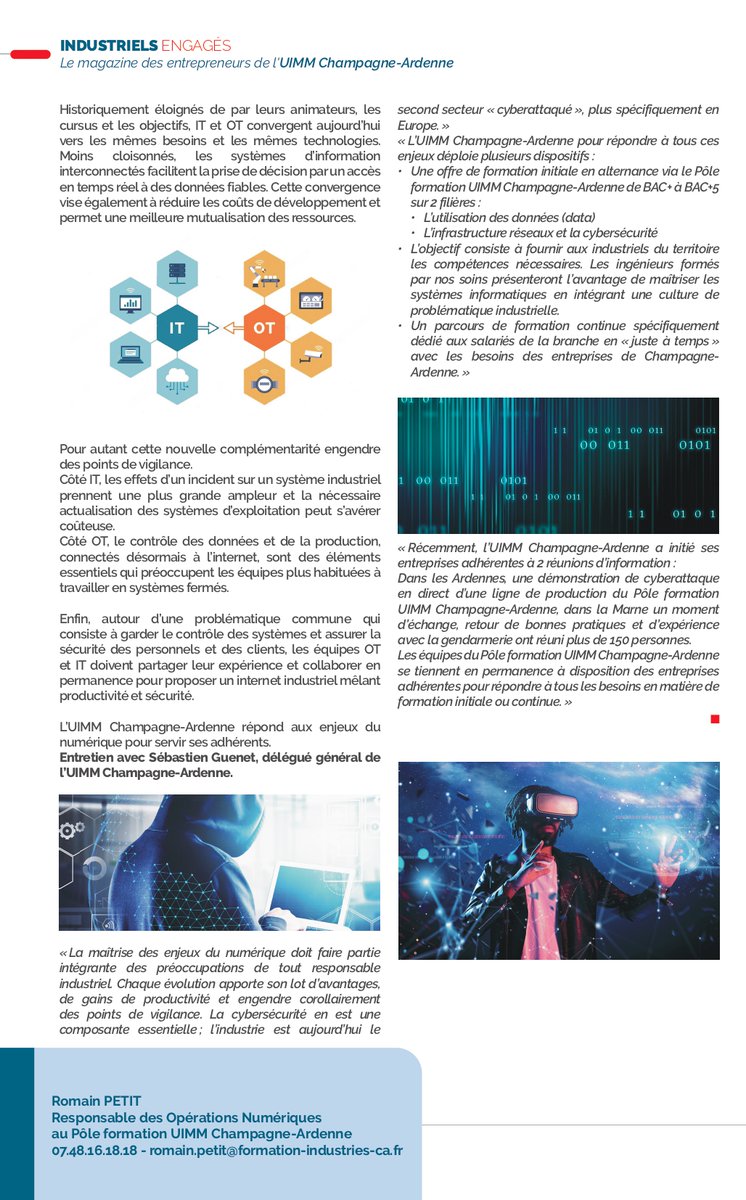 🗞Découvrez l'article dédié à la #cybersécurité (#IoT, interactions #OT #IT) et à la création des cursus du @PoleFormationCA, en partenariat avec le Pôle Formation UIMM Île-de-France, dans le numéro d’#IndustrielsEngagés le magazine des industriels de l’UIMM de Champagne-Ardenne