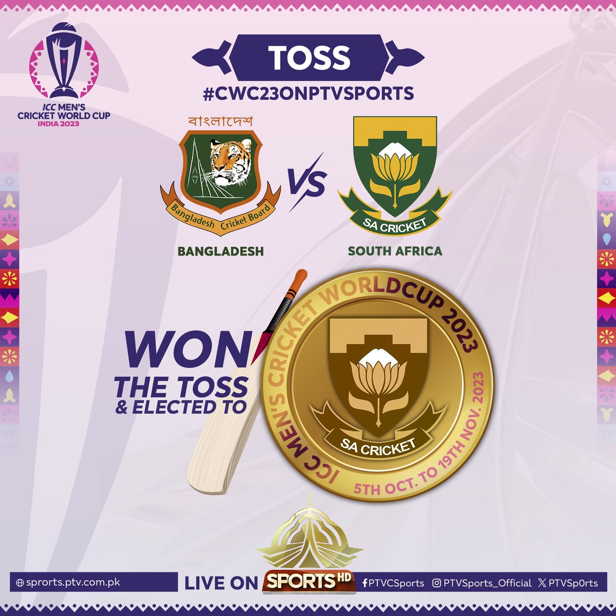 #CWC23 Match 23 #BANvsSA 
 #SouthAfrica  won the toss and elected to bat first. #cwc23onptvsports #PTVSports. #CWC23onPTVSports #BANvsSA
<a href="/BCBtigers/">Bangladesh Cricket</a>
<a href="/ProteasMenCSA/">Proteas Men</a>