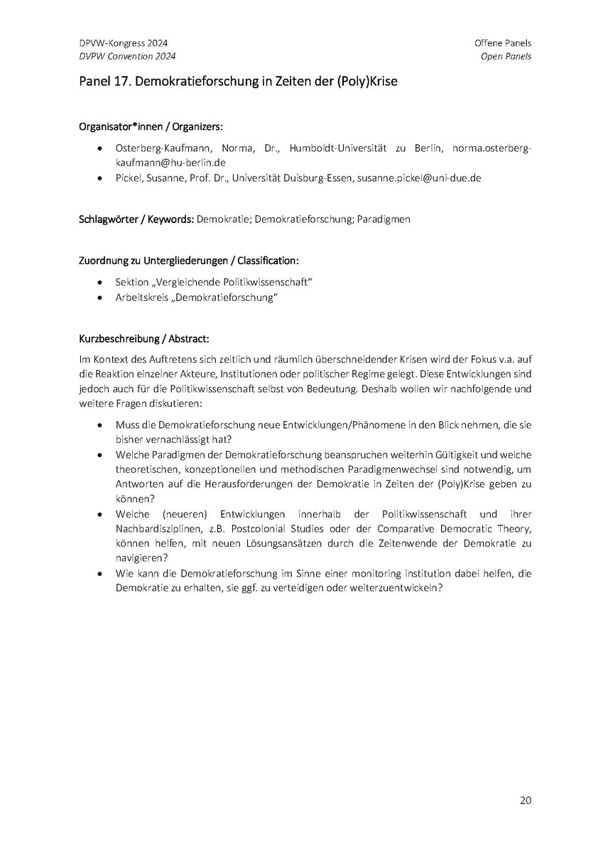 Noch bis 31.10.2023 Paper einreichen für das Panel des AK Demokratieforschung 'Demokratieforschung in Zeiten der (Poly)Krise' auf dem DVPW-Kongress 2024 #meine DVPW @dvpw @DVPW_Vergleich #DVPW2024