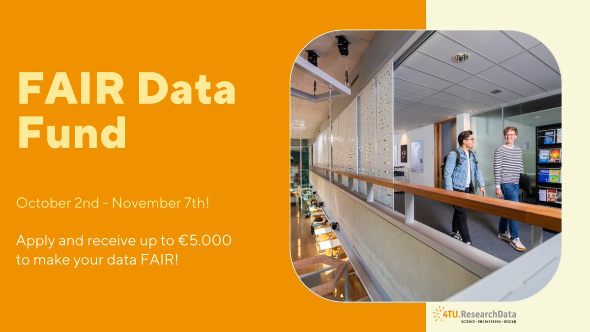 4TU.ResearchData (@4turesearchdata) on Twitter photo 📢Last days to apply to the @4TUResearchDataFAIR Data Fund, open until until 7 November!! This year, we welcome applications from👇
<a href="/tudelft/">TU Delft</a>
<a href="/TUeindhoven/">TU Eindhoven</a>
<a href="/UTwente/">University of Twente (inactive)</a>
<a href="/WUR/">Wageningen U&R</a> <a href="/wurlibrary/">WUR Library</a>
You can get a budget of 5.000€ to make your data #FAIR!
community.data.4tu.nl/the-fair-data-……
<a href="/4TUFederation/">4TU Federation</a> 📢Last days to apply to the @4TUResearchDataFAIR Data Fund, open until until 7 November!! This year, we welcome applications from👇
<a href="/tudelft/">TU Delft</a>
<a href="/TUeindhoven/">TU Eindhoven</a>
<a href="/UTwente/">University of Twente (inactive)</a>
<a href="/WUR/">Wageningen U&R</a> <a href="/wurlibrary/">WUR Library</a>
You can get a budget of 5.000€ to make your data #FAIR!
community.data.4tu.nl/the-fair-data-……
<a href="/4TUFederation/">4TU Federation</a>