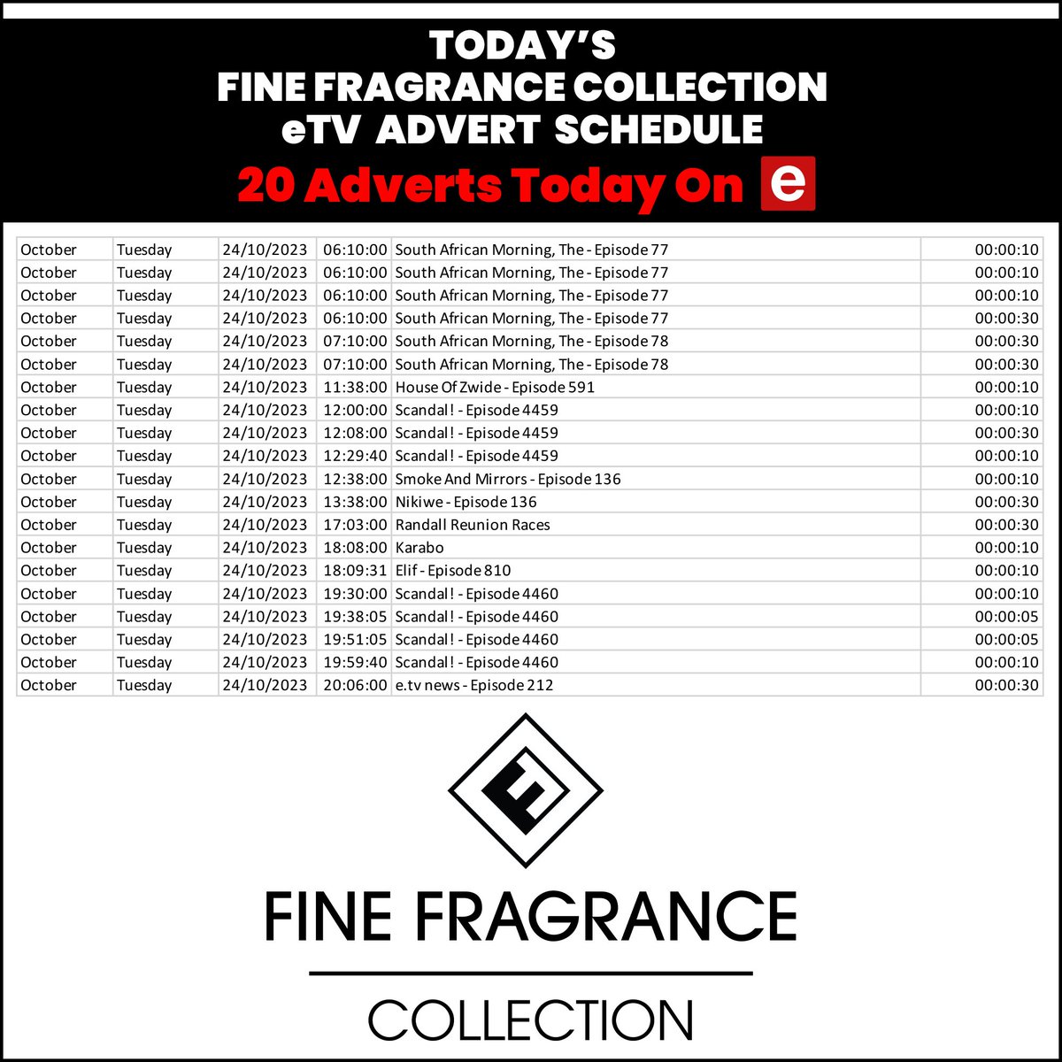 For the first time ever, a generic designer perfume advertises on TV!!! 📷📷 A TV advertising campaign of this magnitude will ensure mass awareness! Please check the schedule below and let us know when you saw the Fine Fragrance Collection TV adverts. 📷📷