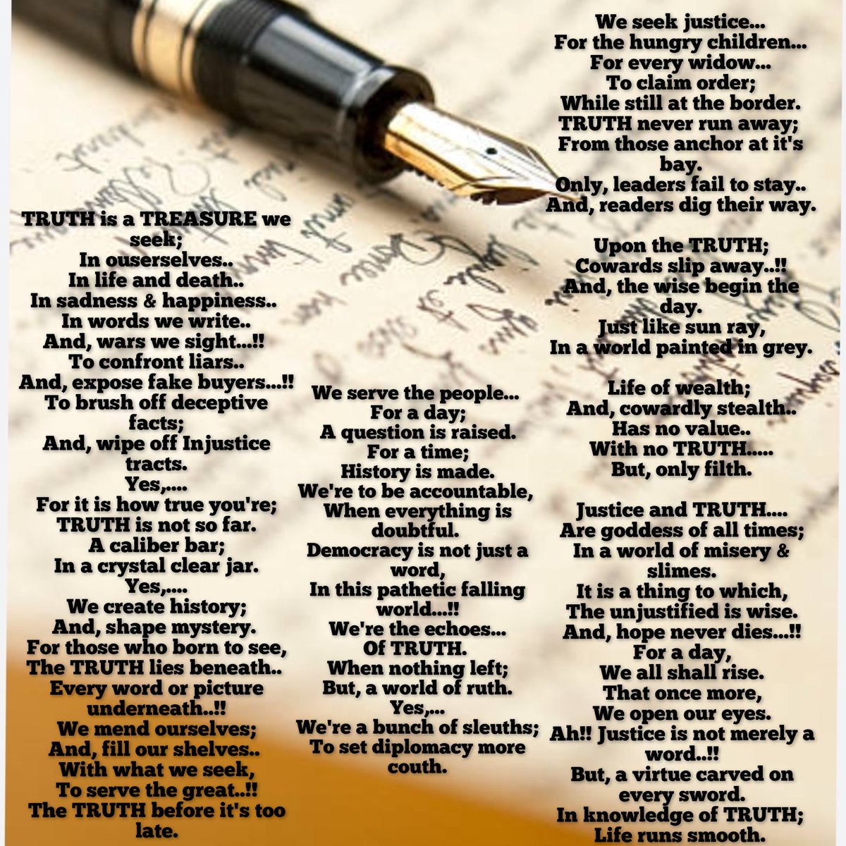 We live our lives &amp; what remains always is the TRUTH, in ourselves &amp; social life, in written words &amp; in our wars, etc..
I wrote this PIECE of POETRY, and the Title is TRUTH, kindly all I need is support from my beloved WRITING COMMUNITY..
#poetrycommunity
TRUTH⚔
📸 : Pinterest
