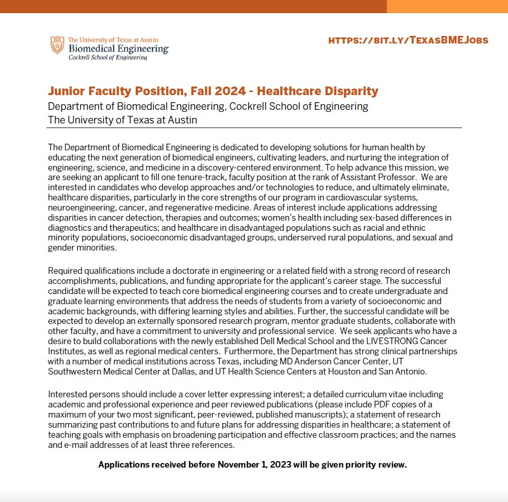 adambush_mri's tweet image. There is still time (1 week!) to apply for a BME tenure track position 👩🏾‍🔬👩🏿‍💻👨🏻‍🏭 @UTAustin @UTBiomedical.  What starts here ⚖️✊🏾 changes the world 🌎and we wanna hear your🔮 vision!  

apply.interfolio.com/132197 

#BlackandSTEM #WomenInSTEM #LatinInSTEM #NSBE #DEI #Justice #hiring