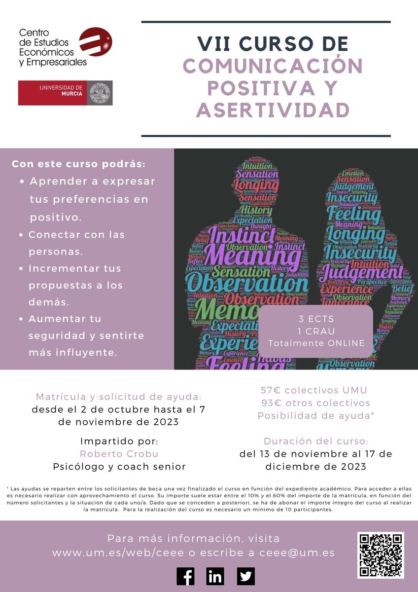 CEEE_UMU's tweet photo. 🗣️Saber expresarse es ESENCIAL para desarrollarte personal y laboralmente. Por ello, nuestro ⭐️VII Curso de Comunicación Positiva y Asertividad⭐️es la mejor manera de dejar atrás tus inseguridades de cara a comunicarte con los demás. Más info y matrícula
https://t.co/zb0s3mCzs3 https://t.co/6EuzgTeGUJ