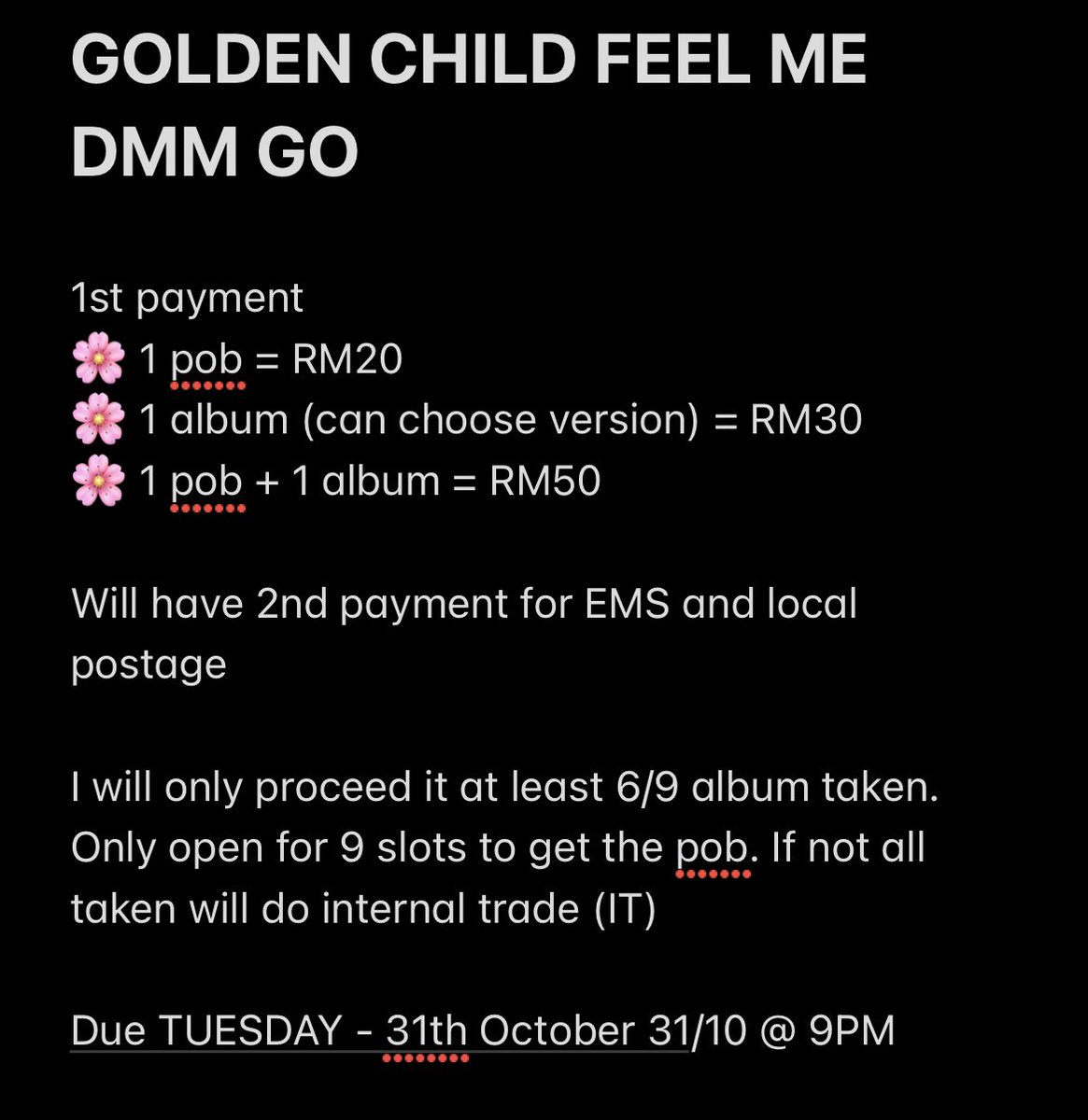zezaai's tweet photo. 🇲🇾GO GOLDEN CHILD FEEL ME DMM♡

💳 Refer Pic
‼️Due TUESDAY 31/10 @ 9PM
‼️Will proceed if at least 6/9 albums taken

✅ 2nd payment for EMS &amp; Postage
🌟Claim here : https://t.co/D9lmX9tOGL

#pasargolcha @pasargolcha
#GoldenChild #골든차일드
#Feelme #Feel_GNCD https://t.co/UFT8lt9fNH