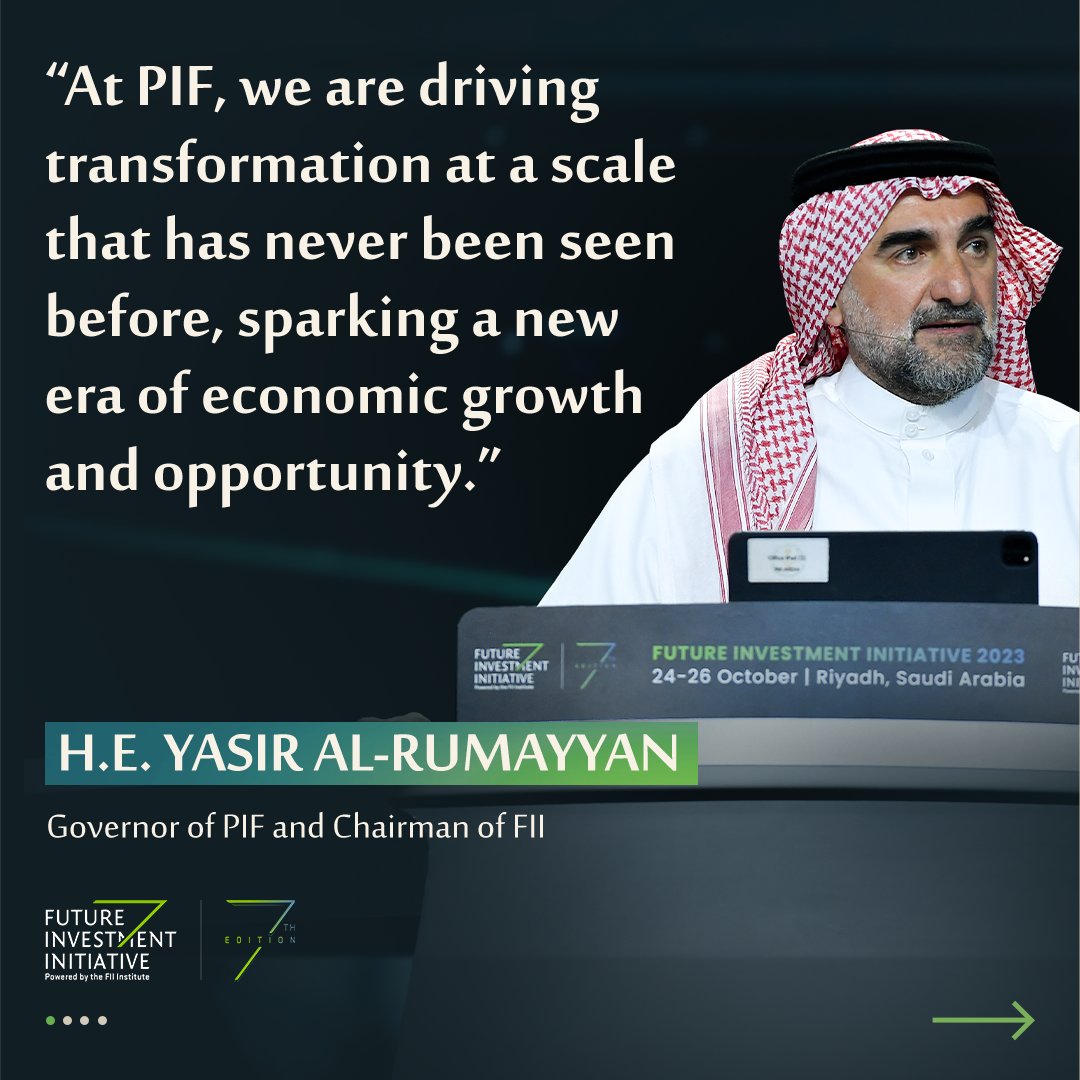 PIF_en's tweet photo. H.E. Yasir Al-Rumayyan, Governor of #PIF and Chairman of @FIIKSA, opened the seventh edition of FII today in Riyadh, reiterating the Fund’s strategy to diversify the economy, leverage opportunities to invest and create positive impact globally.
#FII7