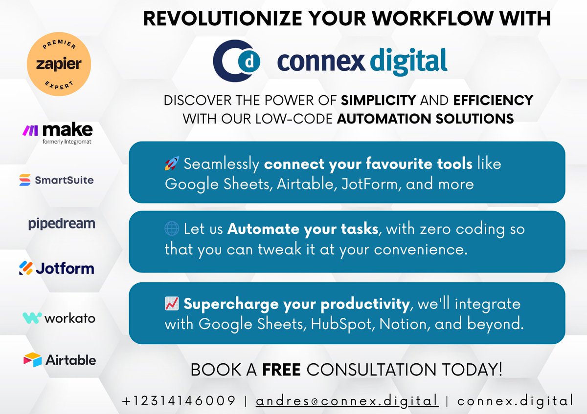 Simba_Crypto's tweet photo. Make sure to consult with Connex to make any automation ideas a reality!
#zapier #jotform #Airtable #Notion #API #integration https://t.co/Sb2N0HEOSt