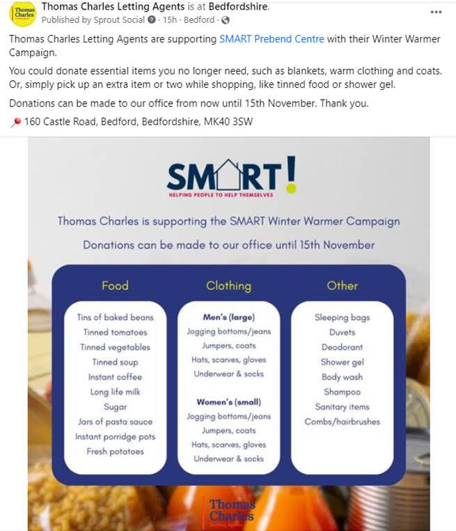 Great to see Julie Brown &amp; team <a href="/lettingstceaco1/">Thomas Charles Lettings</a> supporting the <a href="/SMART_CJS/">SMART CJS</a> with their Winter Warmth Campaign collecting warm clothing at their office from NOW until 15th November.  Details here how to support &amp; drop off thomascharleslettings.co.uk/contact-us/