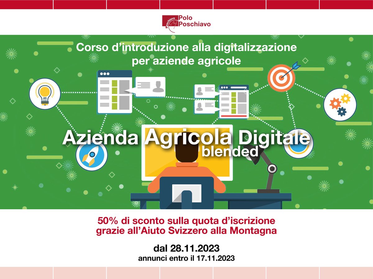 Azienda Agricola Digitale 

Corso d’introduzione alla trasformazione digitale appositamente sviluppato per le aziende agricole della #Valposchiavo

Maggiori informazioni:
polo-poschiavo.ch/azienda-agrico…

#PoloPoschiavo #ValposchiavoSmartValleyBio