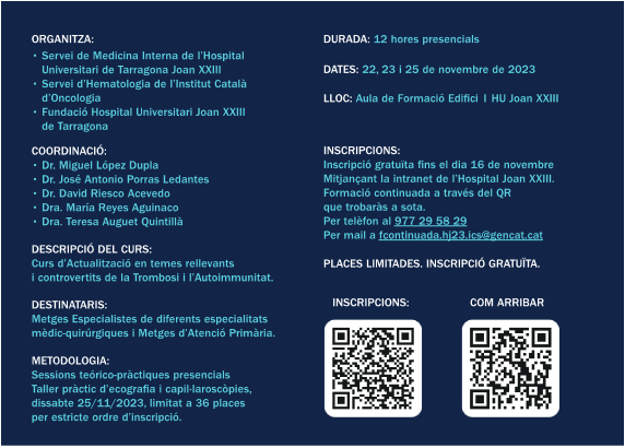 hjoan23's tweet photo. 🔴🩺El S. de Medicina Interna i Hematologia de l'@hjoan23 de  #Tarragona organitza el Curs d'actualització en Autoimmunitat i  Malaltia Tromboembòlica Venosa, adreçat a metges especialistes de  diferents especialitats medicoquirúrgiques i metges d'AP. 
➕👉https://t.co/Zcb0UBlCLG https://t.co/bpiSDAFVgp