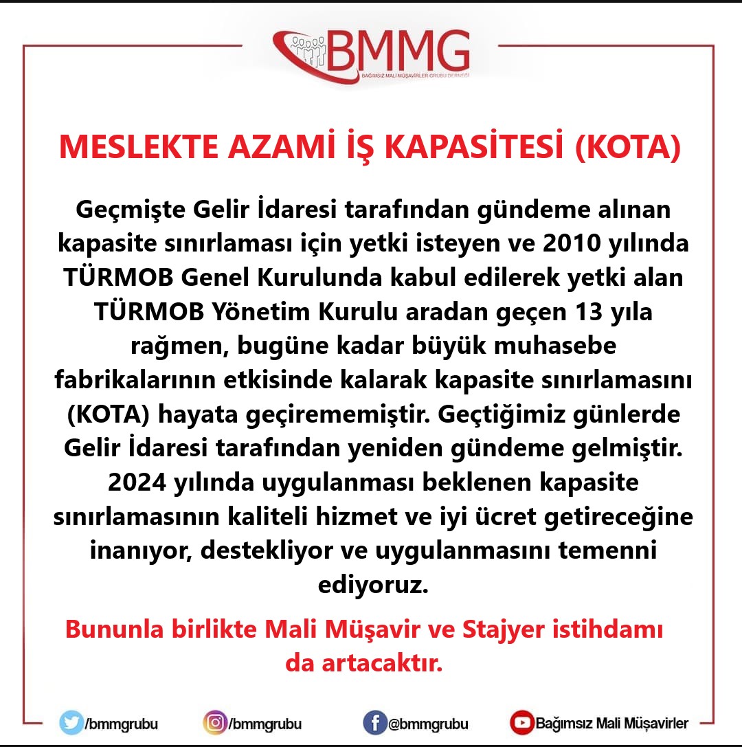 bmmgrubu's tweet photo. Geçmişte Gelir İdaresi tarafından gündeme alınan ka 2024 yılında uygulanması beklenen kapasite sınırlamasının kaliteli hizmet ve iyi ücret getireceğine inanıyor, destekliyor ve uygulanmasını temenni ediyoruz. Bununla birlikte Mali Müşavir ve Stajyer istihdamı da artacaktır. #kota https://t.co/QziclTNxHc
