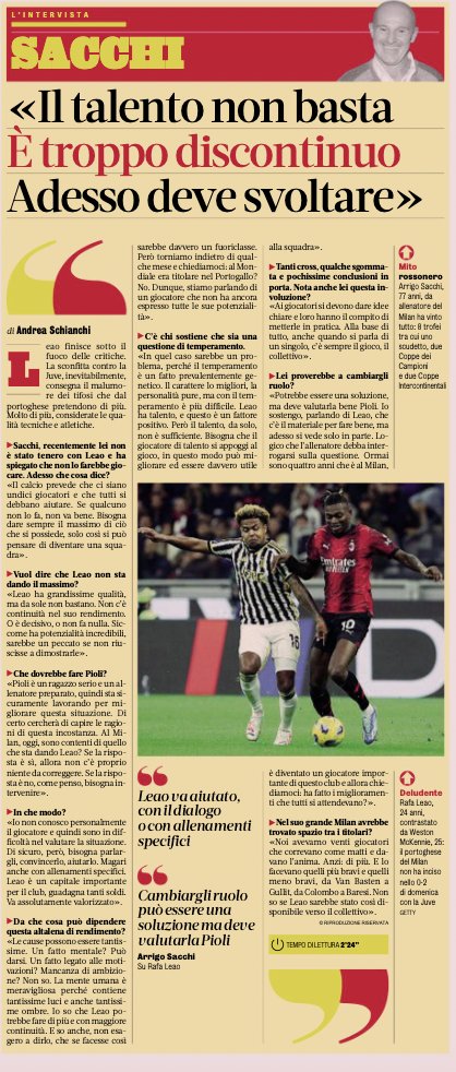 SempreMilan on X: "📰 Sacchi on Leao in today's @Gazzetta_it… 👀 “Talent is  not enough. He's too inconsistent. Now he has to turn a corner." 🗣 “Leao  must be helped, with dialogue