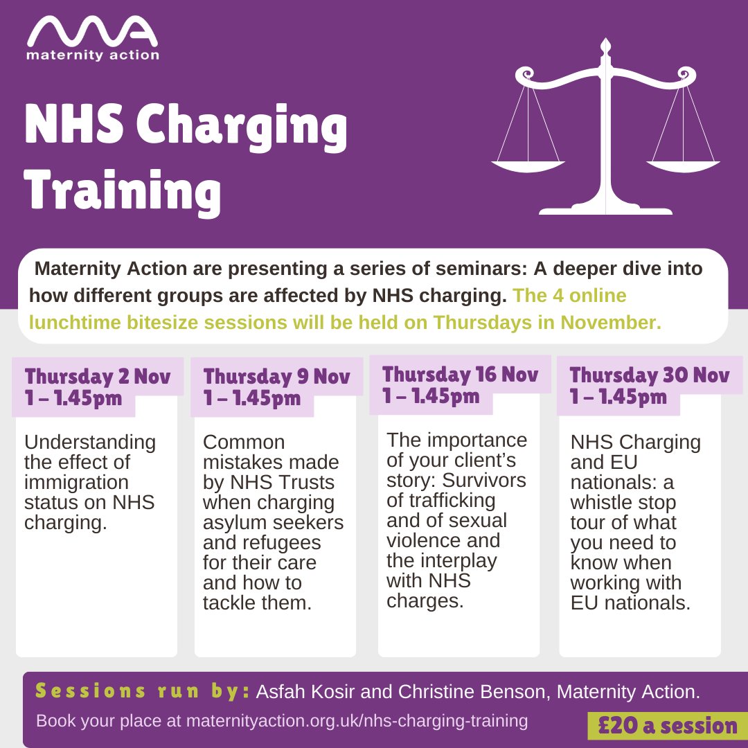 <a href="/MaternityAction/">Maternity Action</a> is presenting a series of seminars: A deeper dive into how different groups are affected by NHS charging.

The 4 online lunchtime bitesize sessions will be held on Thursdays in November.

To view details of all sessions and to book visit maternityaction.org.uk/nhs-charging-t…