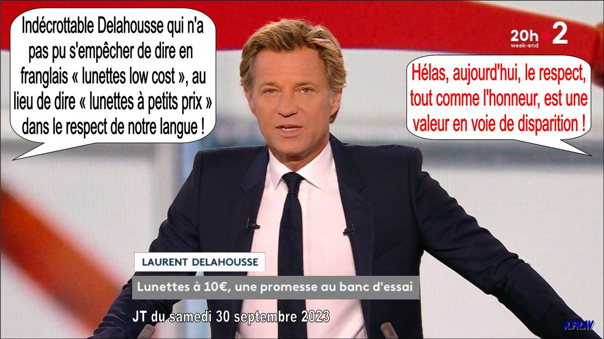 Ouralou (@houraloup) on Twitter photo Peut-être est-il trop bien payé pour daigner respecter la langue du peuple !
CC : <a href="/LaurentDelahous/">Laurent Delahousse</a> #journalistes #information #Arcom <a href="/Arcom_fr/">Arcom</a> <a href="/romaistre/">Roch-Olivier Maistre</a> <a href="/ncurien/">Nicolas Curien</a> @France2tv
#JT20H #info #anglicisation <a href="/MediateurFTV/">Médiateur France Télévisions</a> #France2 #francetv #défrancisation #JeBalanceLesAngliciseurs Peut-être est-il trop bien payé pour daigner respecter la langue du peuple !
CC : <a href="/LaurentDelahous/">Laurent Delahousse</a> #journalistes #information #Arcom <a href="/Arcom_fr/">Arcom</a> <a href="/romaistre/">Roch-Olivier Maistre</a> <a href="/ncurien/">Nicolas Curien</a> @France2tv
#JT20H #info #anglicisation <a href="/MediateurFTV/">Médiateur France Télévisions</a> #France2 #francetv #défrancisation #JeBalanceLesAngliciseurs
