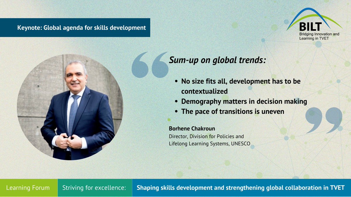 UNEVOC's tweet photo. In his keynote speech on the Global Agenda for Skills Development, Borhene Chakroun from @UNESCO emphasized that education and training should not only respond to changes in the world of work, but also shape them.

#BILT #TVET #innovation #skills https://t.co/HPpwSdEqUm
