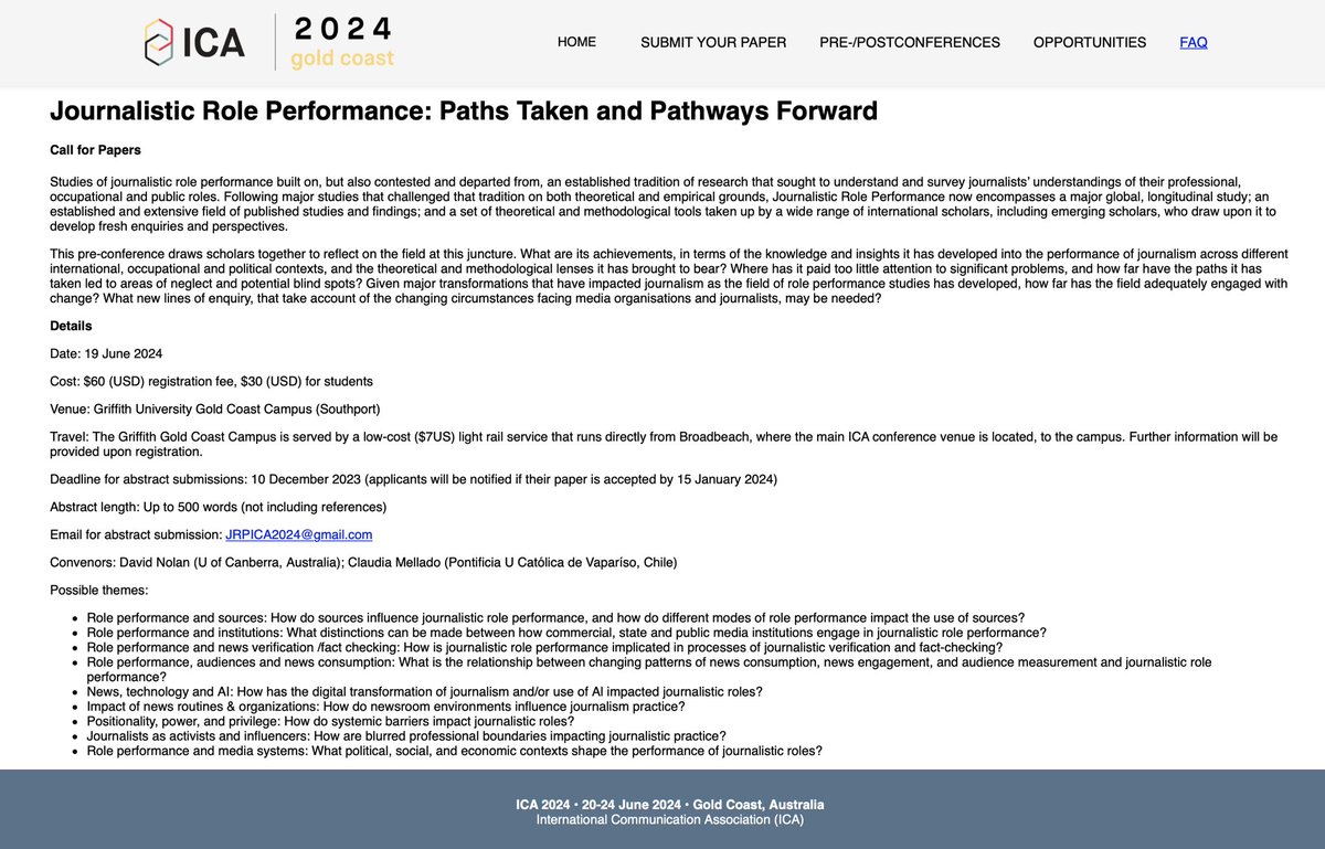 Traveling to Australia for @ICAhdq conference next year? Join us for our pre-conference "Journalistic Role Performance: Paths Taken and Pathways Forward" on June 19, 2024. #jrp2024 Calls for papers/panels below, for more visit icahdq.org/mpage/ICA24-Jo… <a href="/JRPproject/">JRP</a>