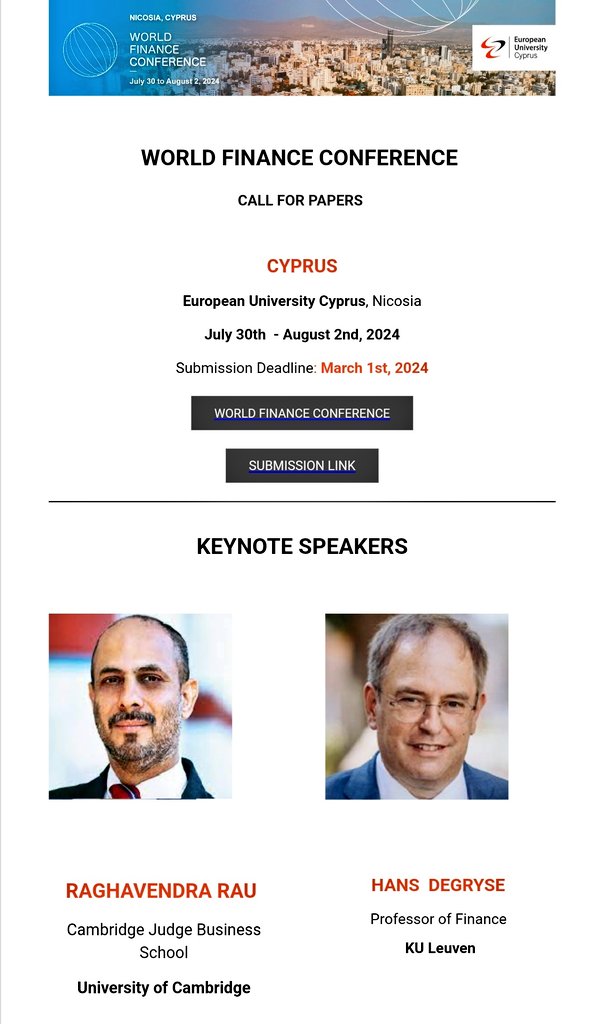 Join our World Finance Conference in #Cyprus #Nicosia 30/7-2/8/2024.

#finance #fintech #alternativefinance #economics 

Submit relevant papers here:
world-finance-conference.com/conference.php…