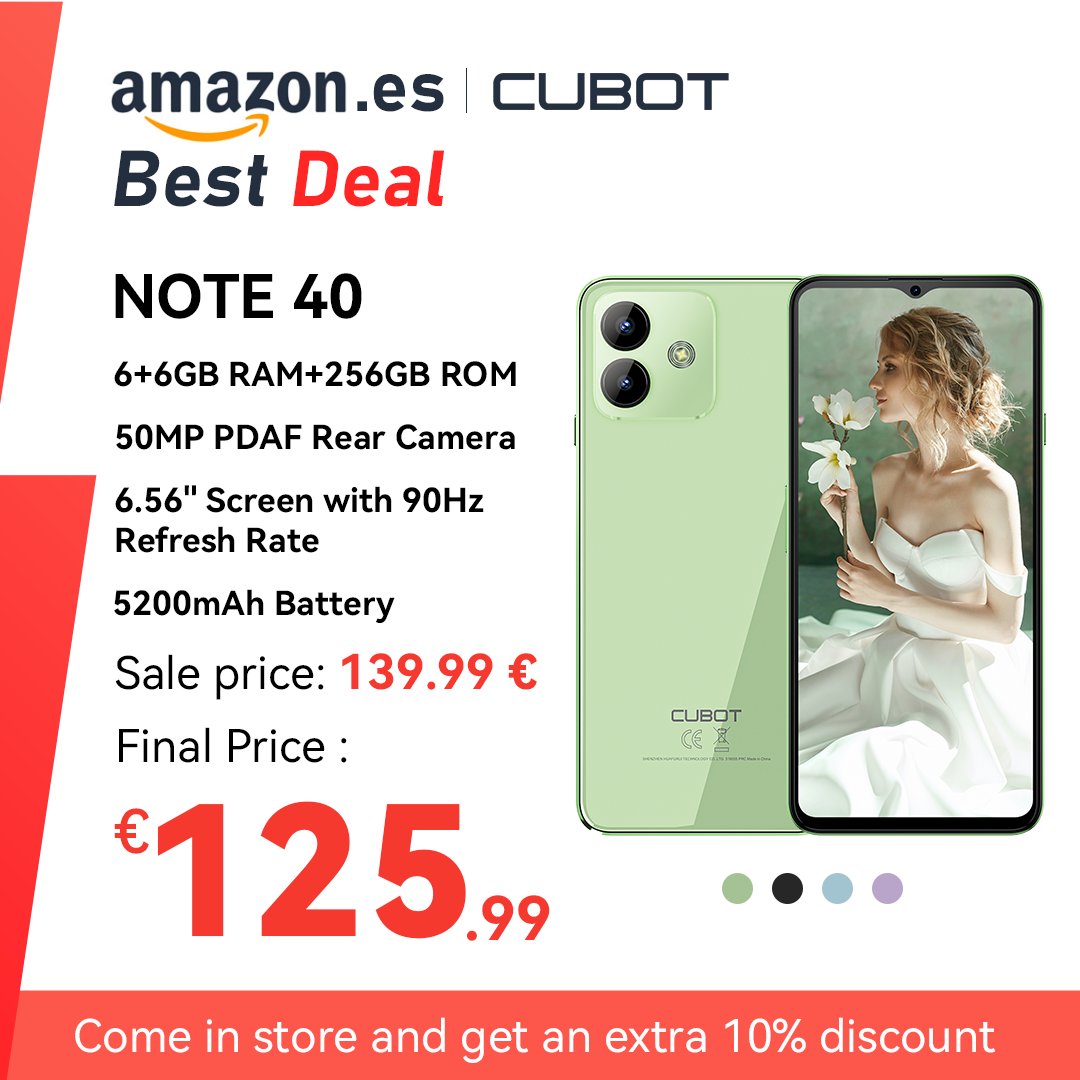 Cubotphone's tweet photo. [Amazon ES Deals]CUBOT Note 40 only €125.99,come in store and get an extra 10% discount
Sale Price：139.99€
Final Price：125.99€
 📲🥳https://t.co/586j04YZkU https://t.co/FzhX8PcLii