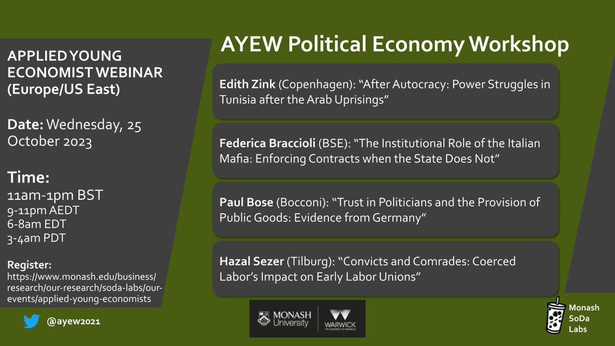TOMORROW (25 October): AYEW Political Economics Workshop! Join us at 11:00am BST to listen to Edith Zink (@UCPH_Research), @fede_braccioli (@bse_barcelona), @paulromanbose (@Unibocconi) and @HazalSezerEcon (@TiUEconomics) Sign up for Zoom details: monash.edu/business/impac…