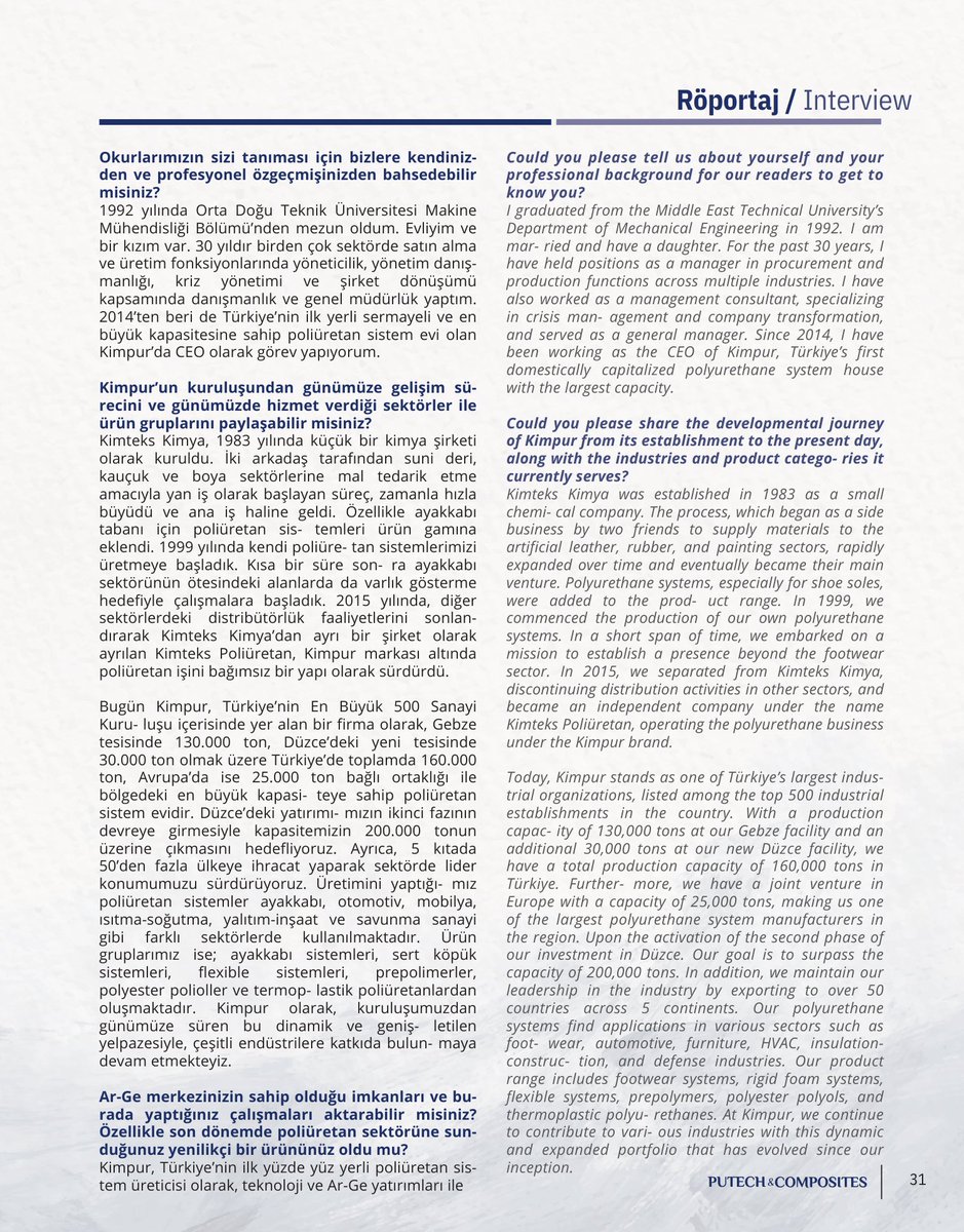 finansalkultur's tweet image. Putech&amp;amp;Composites Dergisi’nin Ekim sayısında KİMPUR CEO Cavidan Karaca, yeni yatırımlar, AR-GE ve sürdürülebilirlik çalışmaları hakkındaki soruları yanıtladı. #kimpur #kmpur