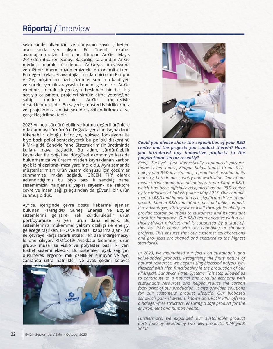 finansalkultur's tweet image. Putech&amp;amp;Composites Dergisi’nin Ekim sayısında KİMPUR CEO Cavidan Karaca, yeni yatırımlar, AR-GE ve sürdürülebilirlik çalışmaları hakkındaki soruları yanıtladı. #kimpur #kmpur