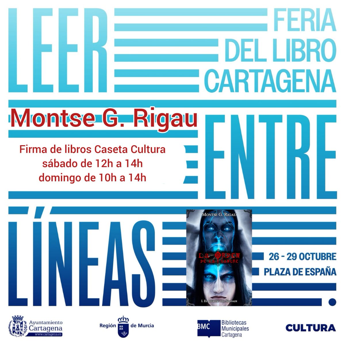 orden_sangre's tweet photo. Aun con la resaca de @Viladelllibre de #Mollet, este finde estaré en la #FeriaDelLibroCartagena junto a @peqpantx @RaAlcantarilla @RockToyi @Valandyl @EstefaJG @FERCSAGA @QuevedoSanchez @Trying_Mom. Nos encontraréis en las casetas de información y cultura. https://t.co/IRyHUxHz07
