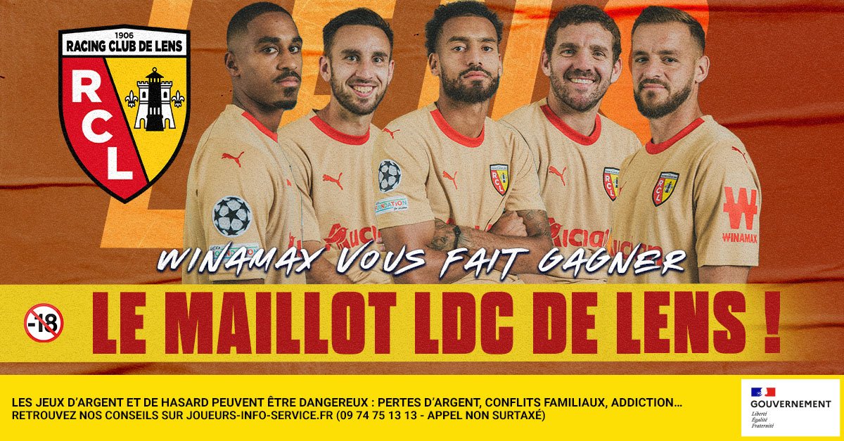 WinamaxSport's tweet photo. ⚽️ Avant le match contre le PSV, tentez de remporter le maillot Ligue des Champions du @RCLens !

🎁 Pour participer : retweetez ce tweet, suivez @WinamaxSport et répondez avec votre pseudo Winamax.

👉 Tirage au sort vendredi !

📄 Règlement > https://t.co/gC0gnNA0on https://t.co/KFyqayaeLm