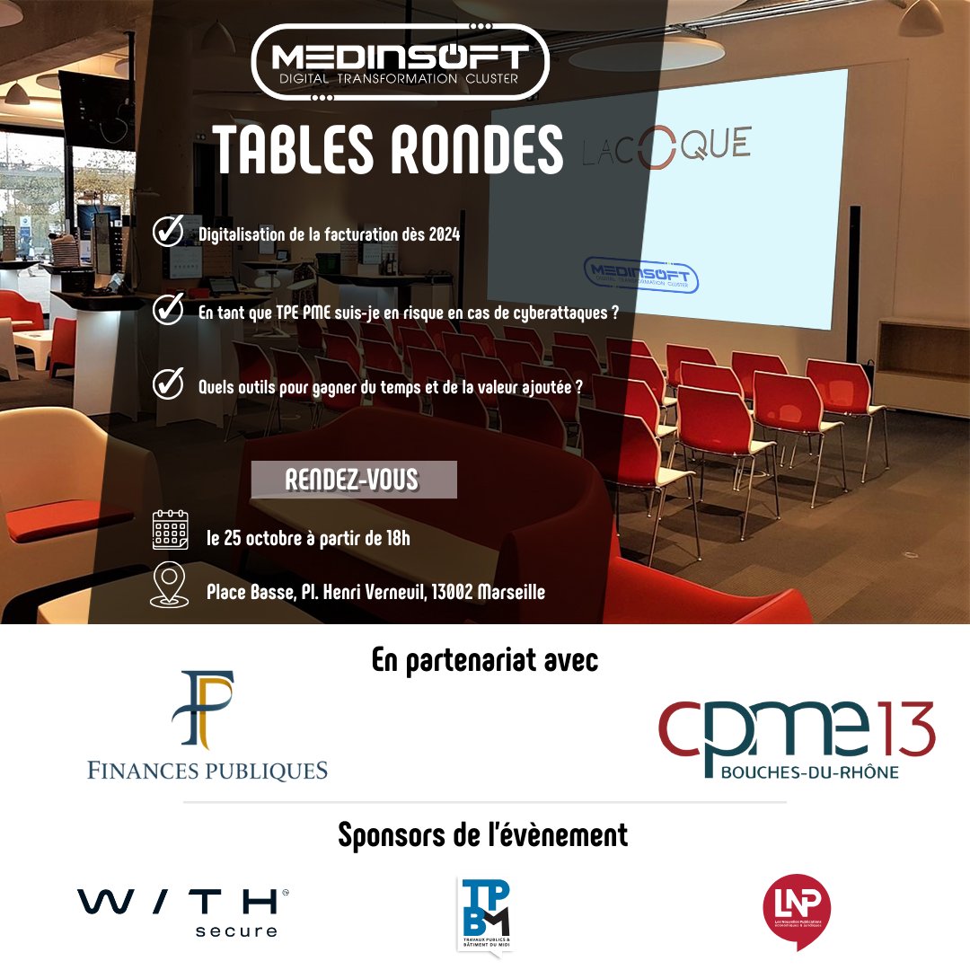 [🗓️ Tables rondes TPE-PME à La Coque 🗓️]

📢  <a href="/Medinsoft/">Medinsoft</a> ,  en partenariat avec la <a href="/DRFIP/">lytaa</a> et <a href="/cpme13/">CPME 13</a> organise 3 tables rondes dédiées aux TPE – PME sur les évolutions à prévoir en 2024 et comment s’y préparer au mieux.

Rendez-vous:
📆 Mercredi 25 octobre
⏰ A partir de 18h00