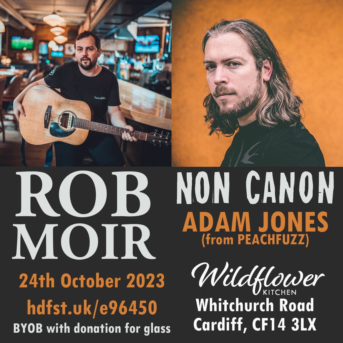 Cardiff! @robmoirmusic & I play the inaugural Wildflower Kitchen acoustic night this evening, alongside Adam Jones (from Peachfuzz) and Generation Feral. £4, BYOB. Doors 6.30pm, all done by 10.30pm.