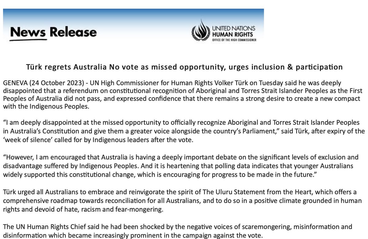 UN High Commissioner on Human Rights @volker_turk says referendum failure in Australia a missed opportunity for official recognition and greater voice for First Nations people and urges Australians to embrace the spirit of the @ulurustatement.