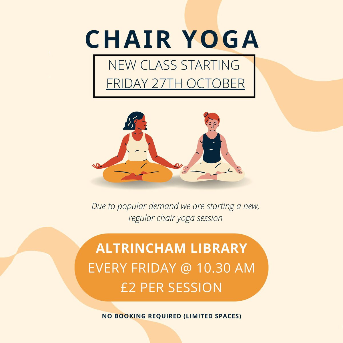 A reminder that our new, regular chair yoga class starts at Altrincham Library this Friday 27th October at 10.30 am! 🧘 

The sessions are open to everyone, whatever your ability, and previous experience of yoga is not needed. 

No booking required. £2 per class.