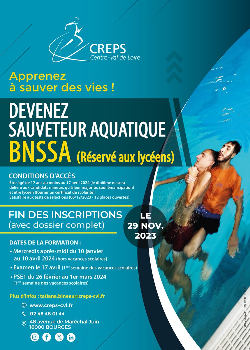 #formationcreps

✅ Soyez prêt(e) à sauver des vies et devenez sauveteur aquatique avec notre formation BNSSA et PSE1 !

⚠️ Formation réservée aux lycéens.
👉 Dale limite des inscriptions le 29 novembre 2023.

🌐 Pour plus d'informations :
creps-cvl.fr/formation.offre