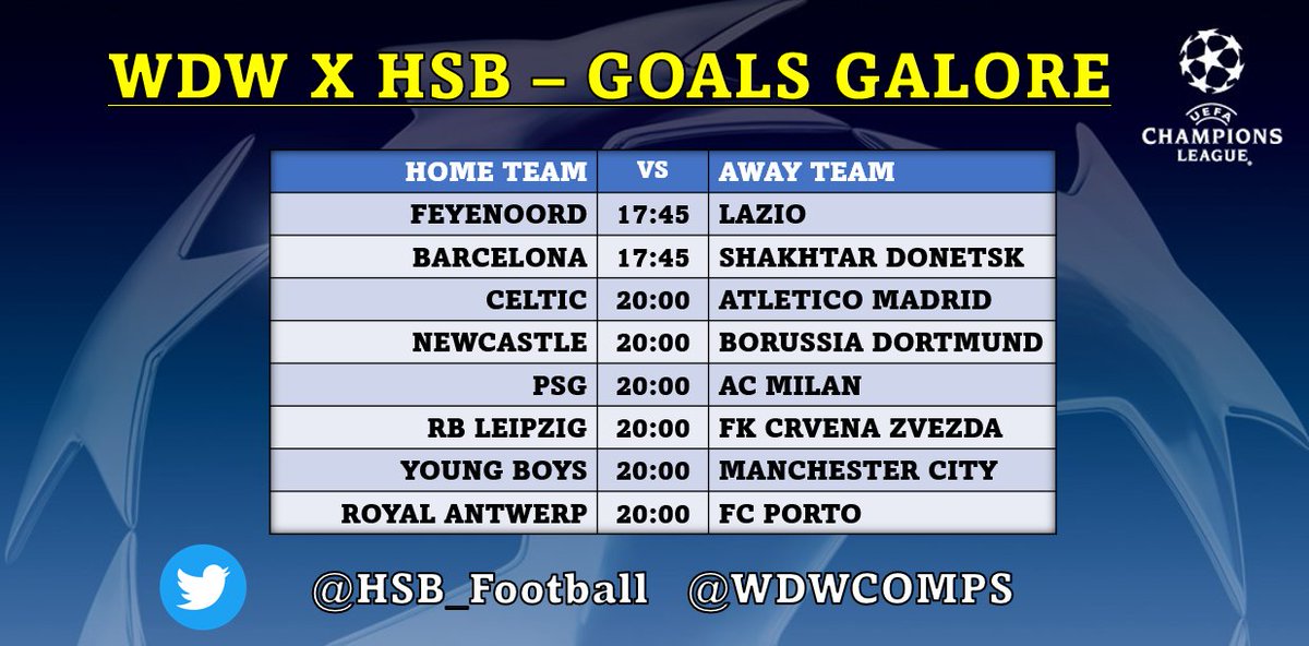 ⚽️#GoalsGalore #UCL

💰1 x Week Sub @HSB_Football 

👉REPLY with your entry.
👉FOLLOW HSB & WDW.
👉RETWEET this tweet.

🚨ENTRIES MUST BE IN BEFORE 17:45

🙏Good Luck!