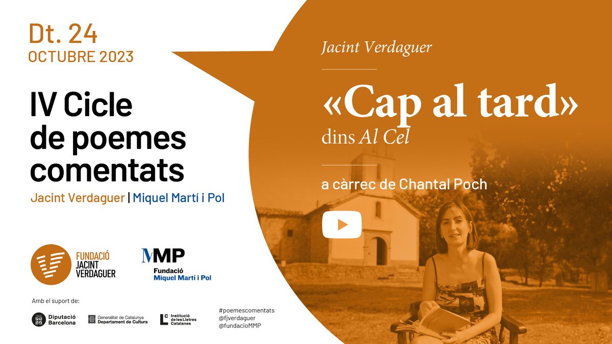 FJVerdaguer's tweet photo. Continuem amb el IV Cicle de poemes comentats amb el comentari de la Chantal Poch del poema «Cap al tard» que es troba dins 'Al cel', de Jacint Verdaguer.

▶️El trobareu al nostre canal https://t.co/MngY90okaQ

Més info👉 https://t.co/Xve27H6dzA https://t.co/xDzC8e8PPd
