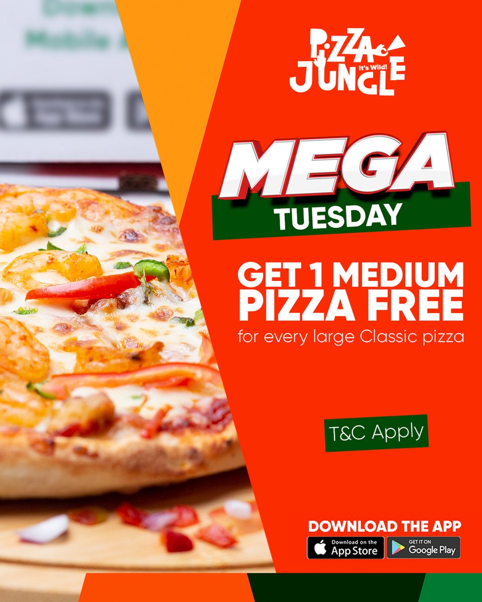 PizzaJungleNG's tweet photo. Wilder on Tuesdays because you get to enjoy Pizza Jungle's Mega Tuesday deal! π·
#pizza #pizzajungleng #ItsWild #pizzeria #MegaTuesday https://t.co/a0jlTuGJ0b