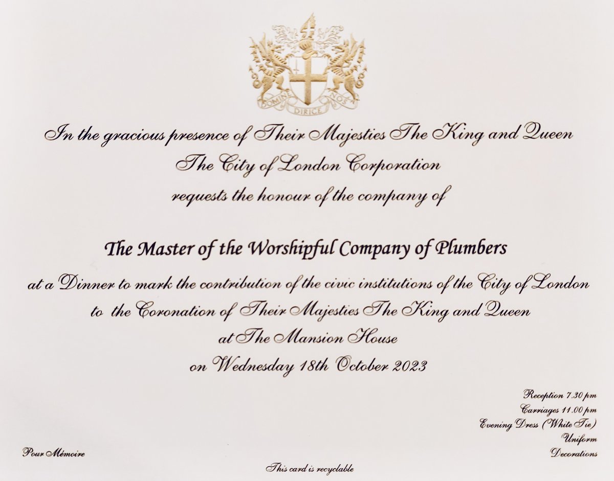 PlumbersCompany's tweet photo. Only one day into the job as Plumbers' Master, David Adams was at Mansion House last week for a rare visit to the City by the King and Queen. The Dinner was to "mark the contribution of the civic institutions of the City of London to the Coronation of Their Majesties". https://t.co/PgDVW8cb0D