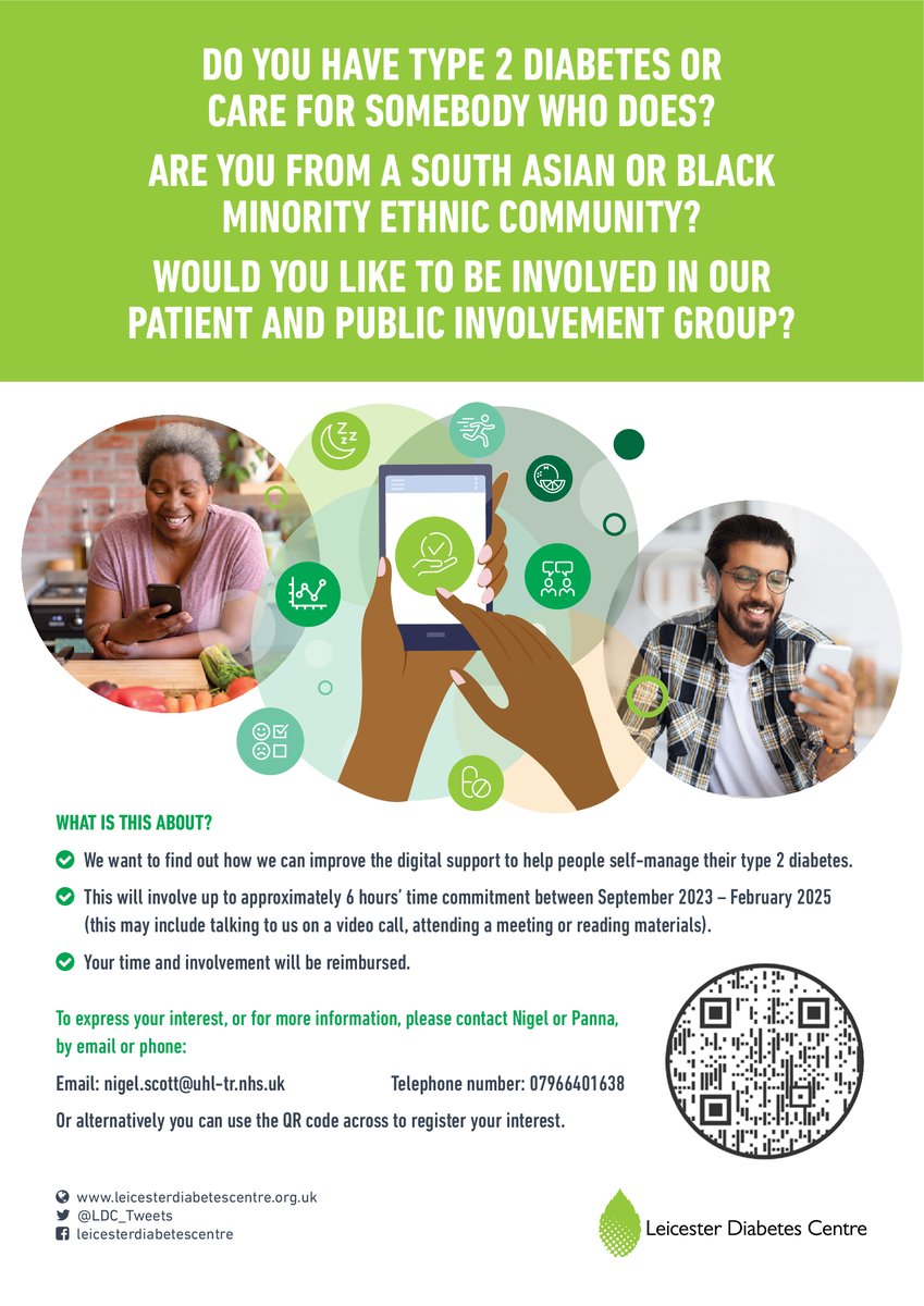 We are seeking expressions of interest from people from the South Asian and Black community to take part in a research study investigating how we can improve the digital support to help people self-manage their type 2 diabetes. Full details here ⏬