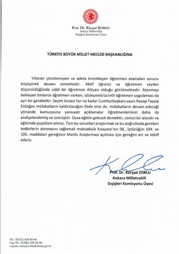 Atama bekleyen yüzbinlerce Öğretmenimiz ve bu sorunun bir başka parçası olan Mülakat sistemi konusunda hızlıca çözüm getirmemiz gerekiyor. İnsanlarımız bunu bekliyor.

Bu amaçla TBMM’de hem bir soru önergesi verdim hem de Anayasanın 98, İçtüzüğün 104 ve 105. maddeleri